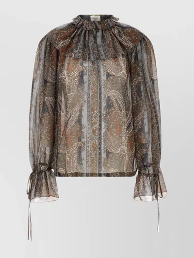 SAINT LAURENT SILK BLOUSE RUFFLED NECKLINE SHEER FABRIC