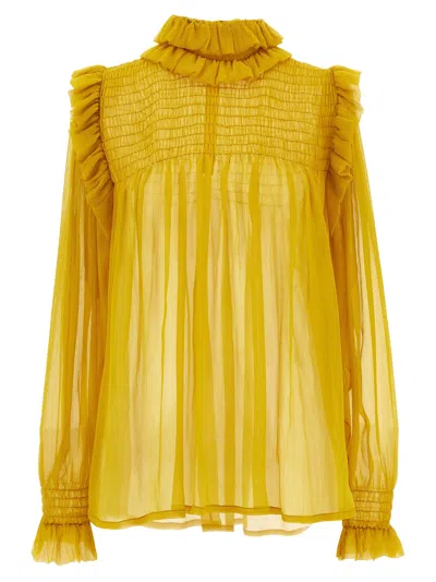Saint Laurent Silk Blouse With Ruffled Collar And Smocked Detailing In Jaune Moutarde
