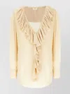 Saint Laurent Beige Blouse With V Neck And Ruffles On Front And Rear In Silk Woman In Brown
