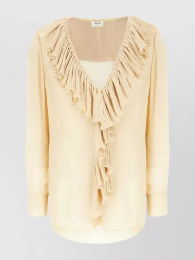 Saint Laurent Silk Blouse With Long Sleeves And V Neck In Vintage Beige