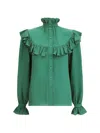 Saint Laurent Ruffled Yoke High-neck Blouse In Green