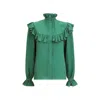 Saint Laurent Ruffled Yoke High-neck Blouse In Green