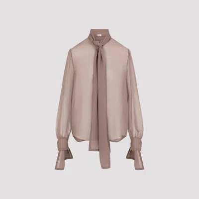 Saint Laurent Silk Bow-tie Blouse In Brown