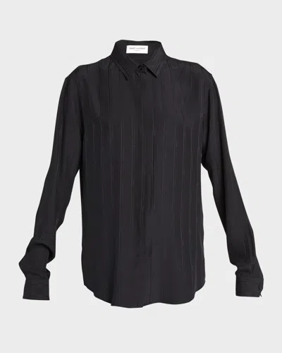 SAINT LAURENT SILK BUTTON-FRONT SHIRT WITH LOGO STRIPES