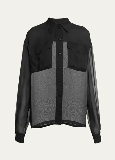Saint Laurent Silk Chiffon Collared Shirt In Nero