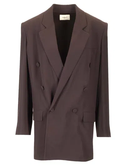 Saint Laurent Silk Crepe Doble- Breasted Blazer Jackets Brown