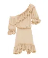 Saint Laurent Beige One-shoulder Dress With Asymmetric Neckline And Poet Sleeves In Silk Woman In Nude