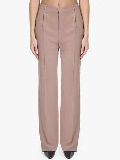 Saint Laurent Silk Crepe Trousers In Beige