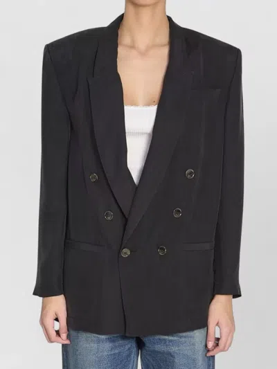 Saint Laurent Silk Double Breasted Jacket Long Sleeves In Black