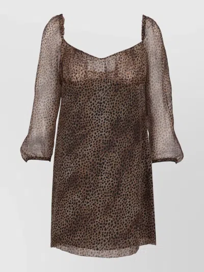 Saint Laurent Silk Dress Leopard Motif Square Neckline In Brown
