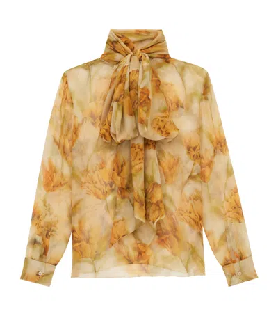 Saint Laurent Silk Floral Print Blouse In Brown