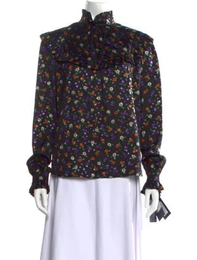 Pre-owned Saint Laurent Silk Floral Print Blouse W/ Tags In Black
