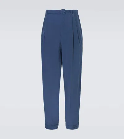 Saint Laurent Silk Habotai Straight Pants In Blue