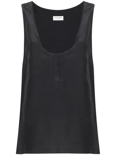 Saint Laurent Henley-neck Silk Tank Top In Black
