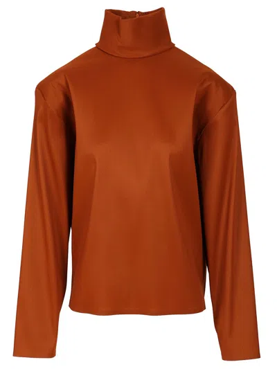 SAINT LAURENT SILK HIGH-NECK TOP TOPS BROWN
