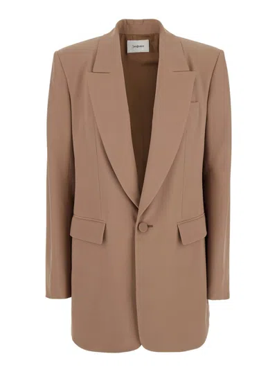 Saint Laurent Beige Double Breasted Jacket With Classic Lapels In Silk Woman In Beige Fonce