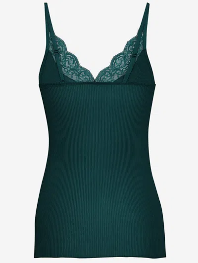 Saint Laurent Silk Jersey With Scalloped Lace Trim Tank Top In Green