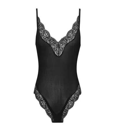 Saint Laurent Silk Lace-trim Bodysuit In Black