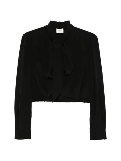 Saint Laurent Silk Lavaliere Collar Button-front Shirt With Gathered Hem In Black