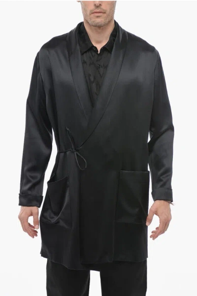 Saint Laurent Silk Long Blazer With Shawl Lapel In Black