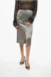 Saint Laurent Silk Longuette Skirt With Frontal Split In Silver