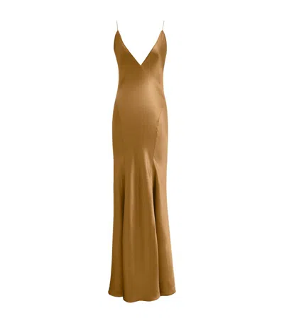 Saint Laurent Open-back Paneled Silk-satin Gown In Metallic
