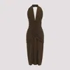 Saint Laurent Halterneck Silk Ruched Midi Dress In Kaki
