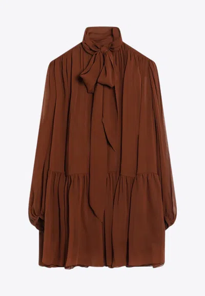 Saint Laurent Silk Mini Dress With Scarf In Brown
