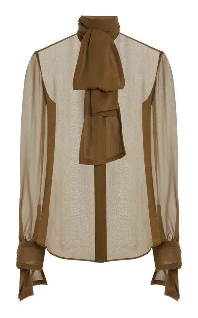 Saint Laurent Silk Mousseline Blouse With Tie Cuffs In Brown