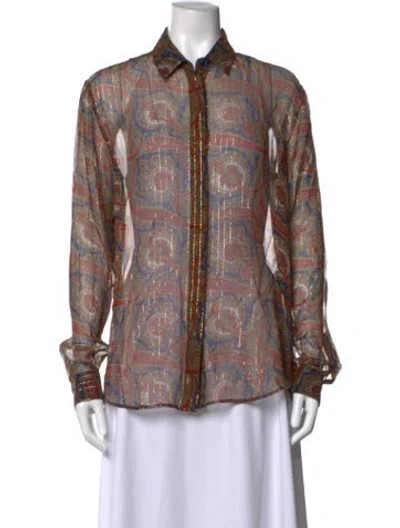 Pre-owned Saint Laurent Silk Paisley Print Blouse In Blue/metallic