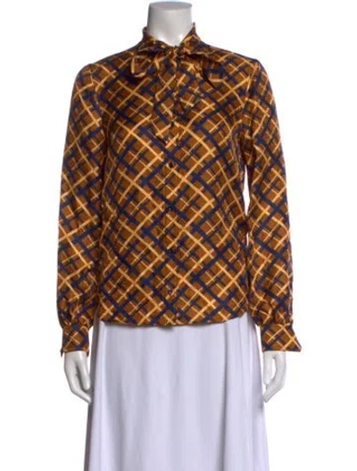 Pre-owned Saint Laurent Silk Plaid Print Blouse In Neutrals