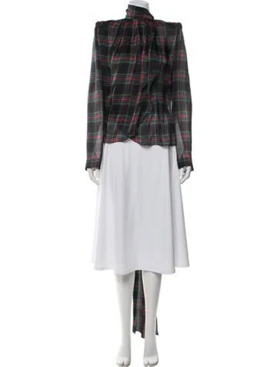 Pre-owned Saint Laurent Silk Plaid Print Blouse W/ Tags In Green