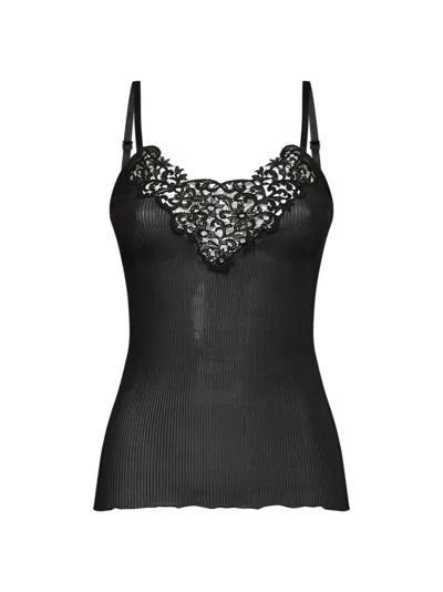 Saint Laurent Silk Ribbed With Lace Trim Tank Top In Black