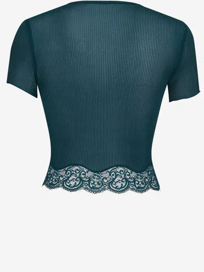 Saint Laurent Silk Ribbed With Lace Trim T-shirt In Green