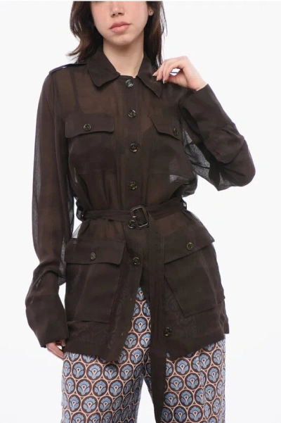 Saint Laurent Silk Saharienne Dress With Belt In Brown