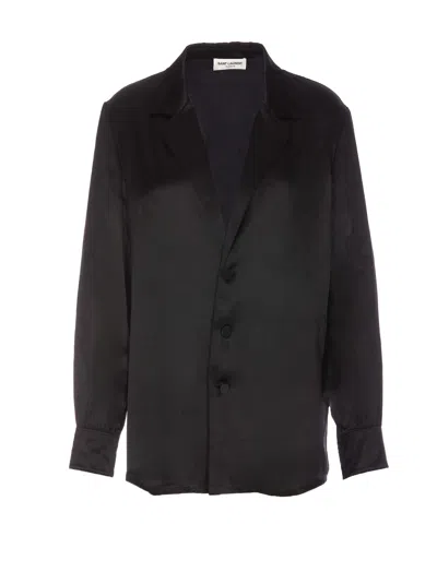 Saint Laurent Satin Pyjamas Shirt Cuffed Sleeves In Black