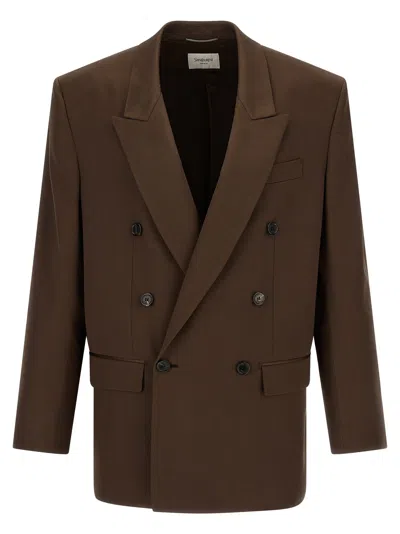 Saint Laurent Silk Satin Double-breasted Blazer In Brown