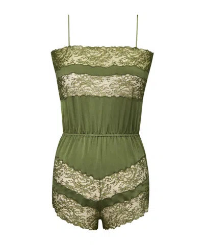 Saint Laurent Silk Satin Lace Jumpsuit In Green