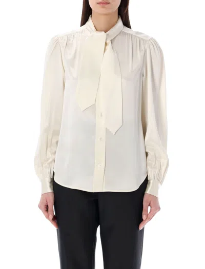 Saint Laurent Silk Satin Lavallière-neck Blouse In White For Women