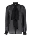 Saint Laurent Long Sleeve Sheer Collared Jersey Top In Black