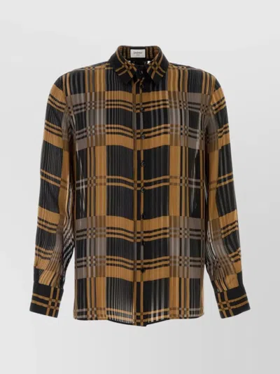 Saint Laurent Silk Shirt With Checked Pattern And Long Sleeves In Brown