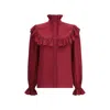 Saint Laurent Ruffled Floral Silk-jacquard Blouse In Brown