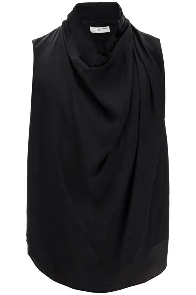 Saint Laurent Solid Color Silk Cowl-neck Tank Top In Black