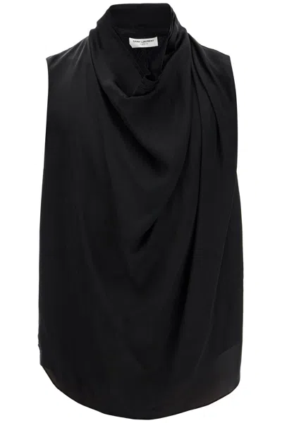 Saint Laurent Solid Color Silk Cowl-neck Tank Top In Black