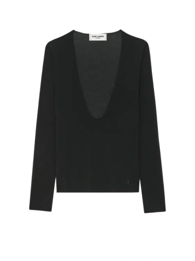 Saint Laurent Cassandre Embroidered U-neck Silk Sweater In Black