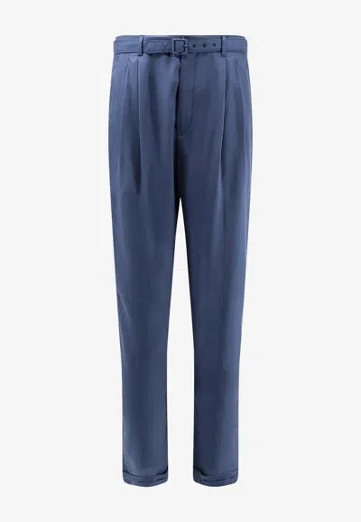 Saint Laurent Silk Tailored Slim Pants In Blue