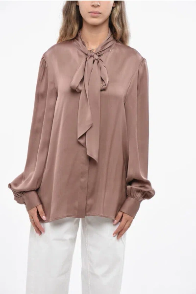 Saint Laurent Silk Tie Neck Blouse With Puff Sleeve In Brown