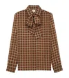 Saint Laurent Long-sleeve Wool Tie-neck Shirt In Brown