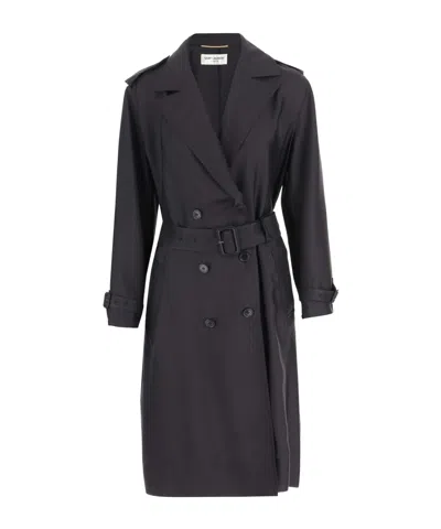 Saint Laurent Silk Trench Coat In Black