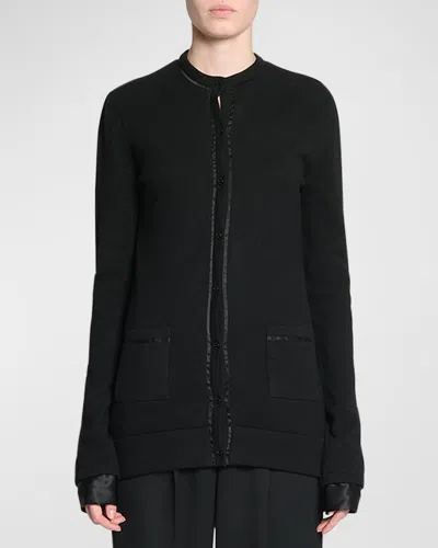Saint Laurent Silk-trim Crewneck Cardigan In Noir